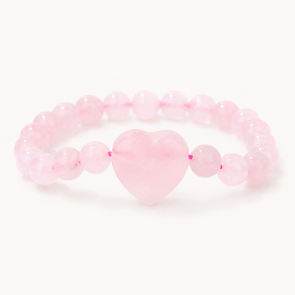 Rosenquarz Perlenarmband mit großem Herz