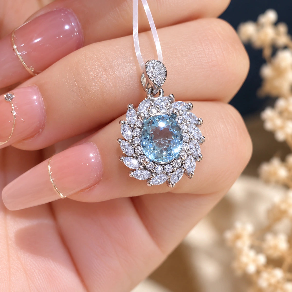 Aquamarin Kette aus 925er Silber mit ovalem Stein und floralem Ziersteinbesatz