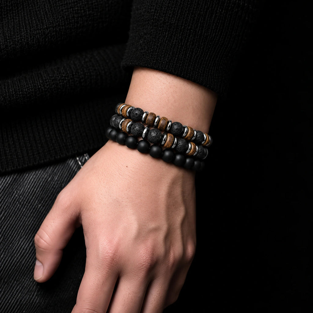 Onyx Armbänder Set mit Lavastein und braunen Holzperlen
