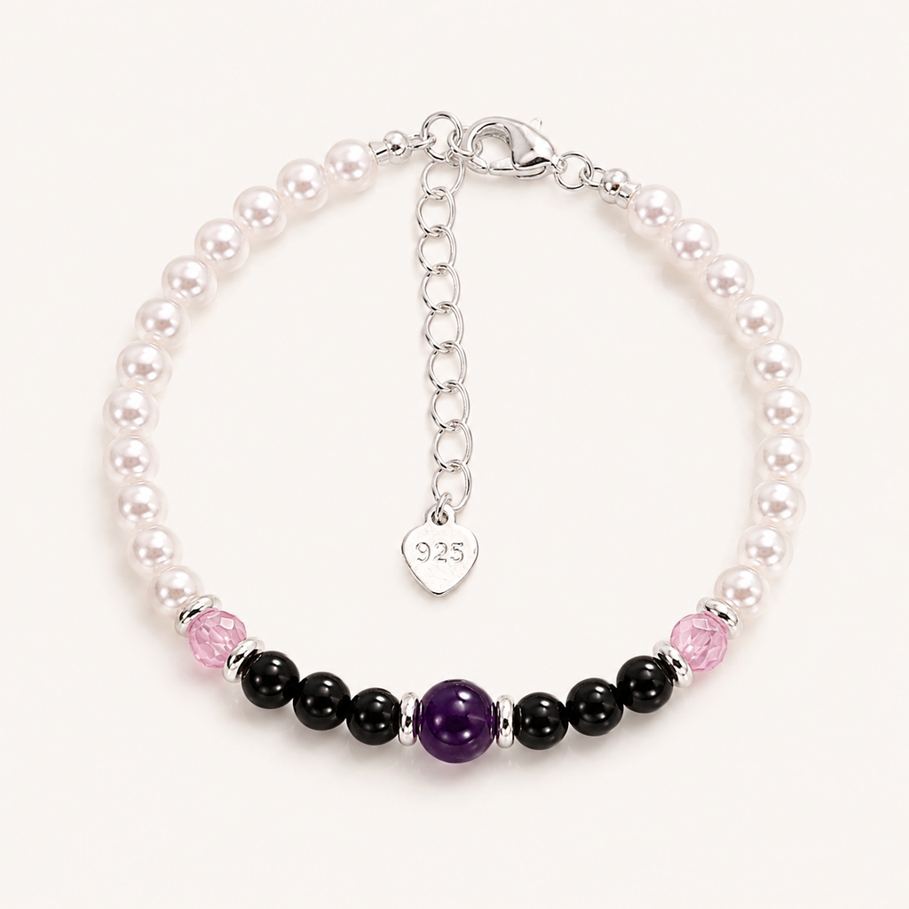 Amethyst Muschelperlenarmband mit schwarzem Achat