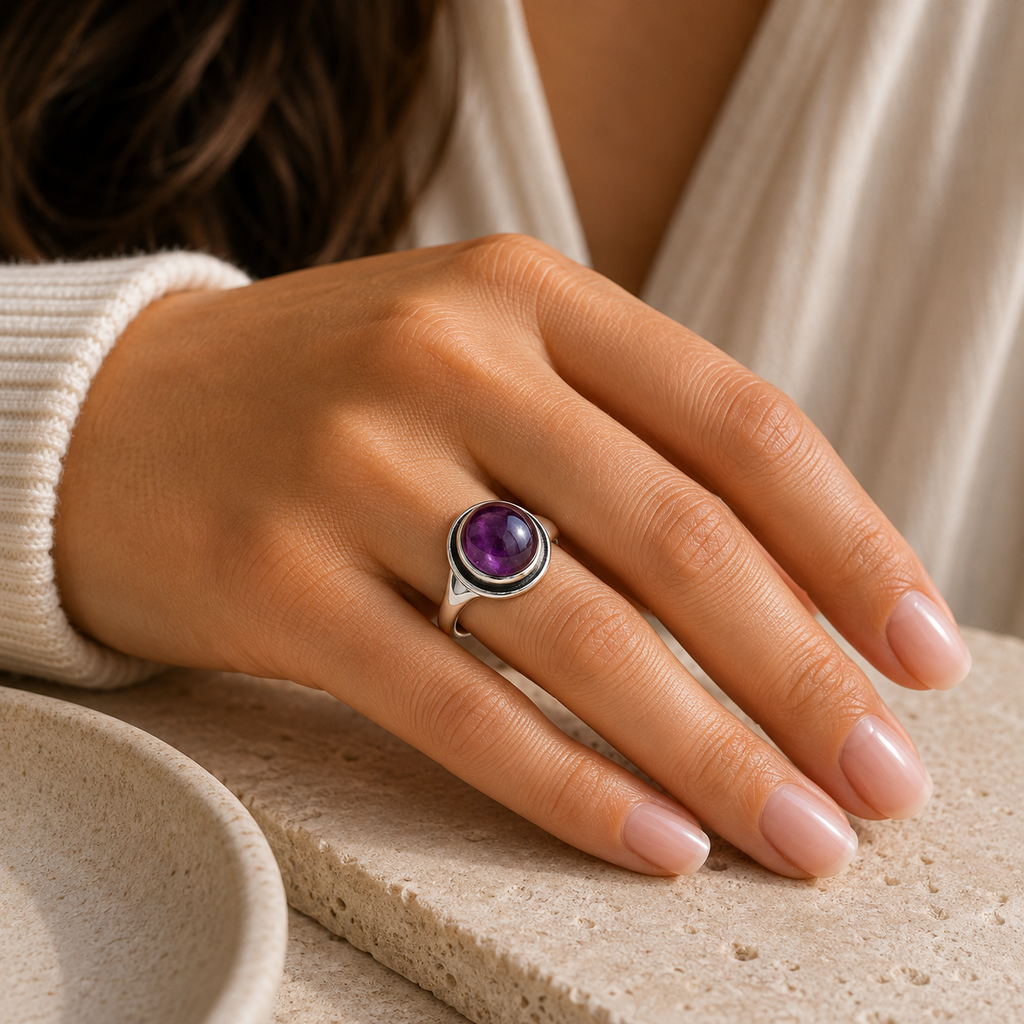 Schlichter Amethyst Ring aus 925er Silber mit ovalem Cabochon