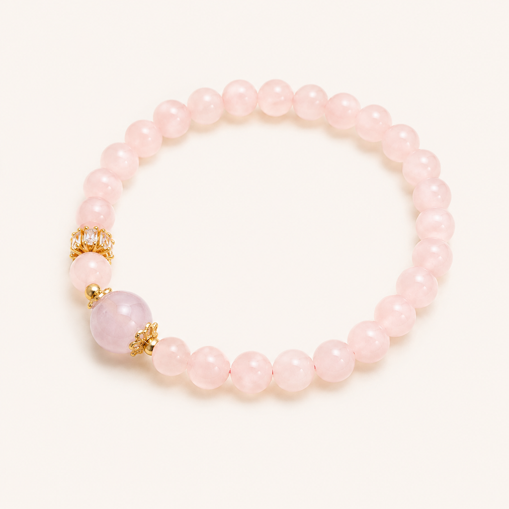 Rosenquarz Perlenarmband mit großem Mittelstein