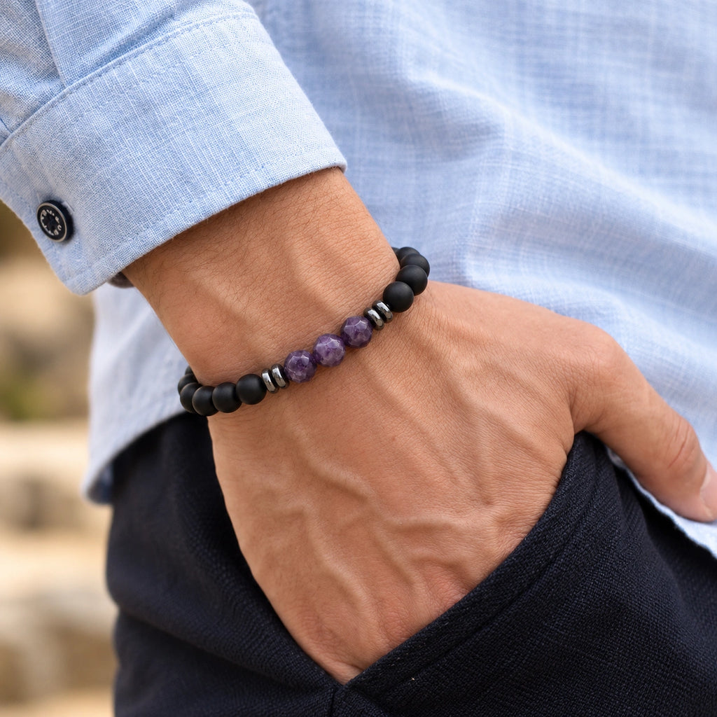 Schwarzer Onyx Armband mit Amethyst-Perlen