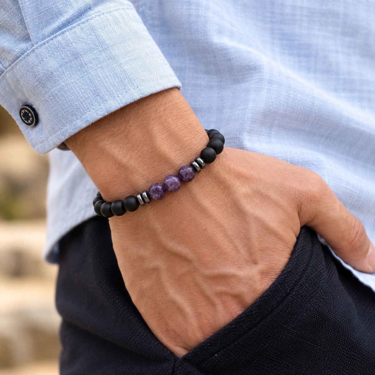 Schwarzer Onyx Armband mit Amethyst-Perlen