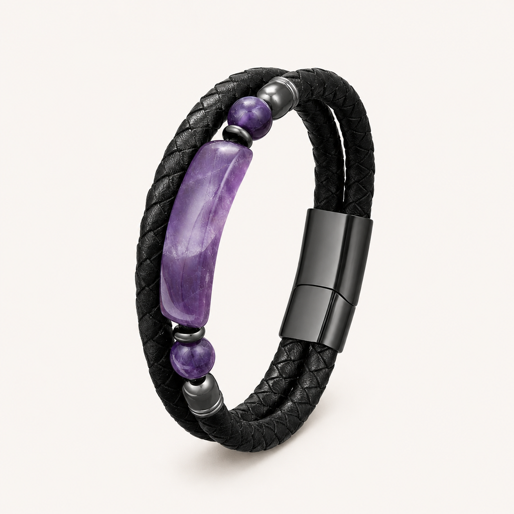 Breites Amethyst Lederarmband mit Steinen