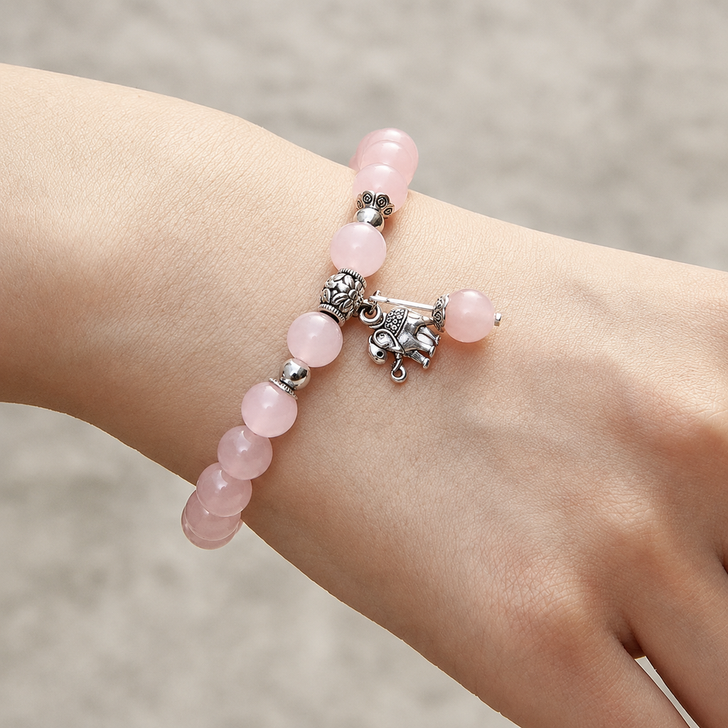 Rosenquarz Perlenarmband mit Elefantenanhänger
