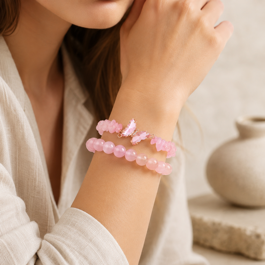 Rosenquarz Perlenarmband mit Schmetterling