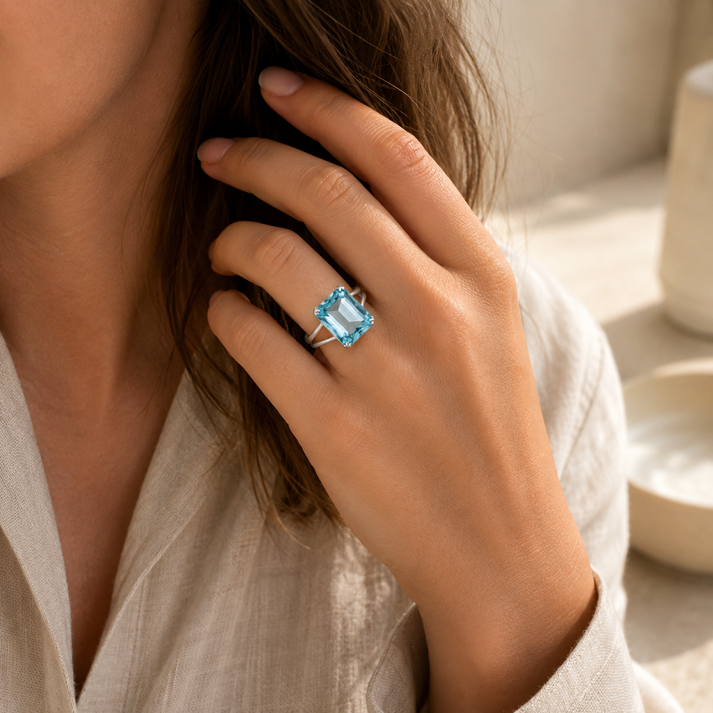 Aquamarin Ring mit großem rechteckigem Stein