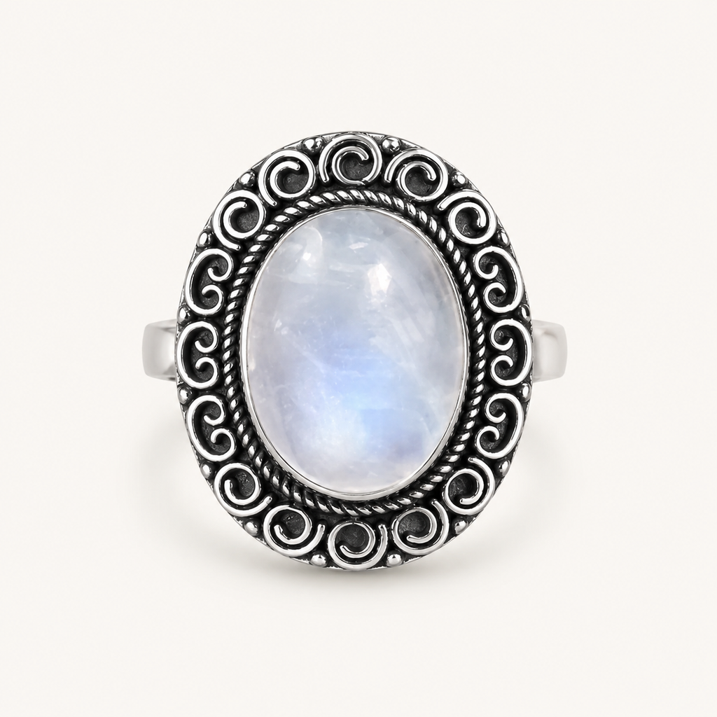 Ovaler Mondstein Ring aus 925er Silber mit Spiralrahmen