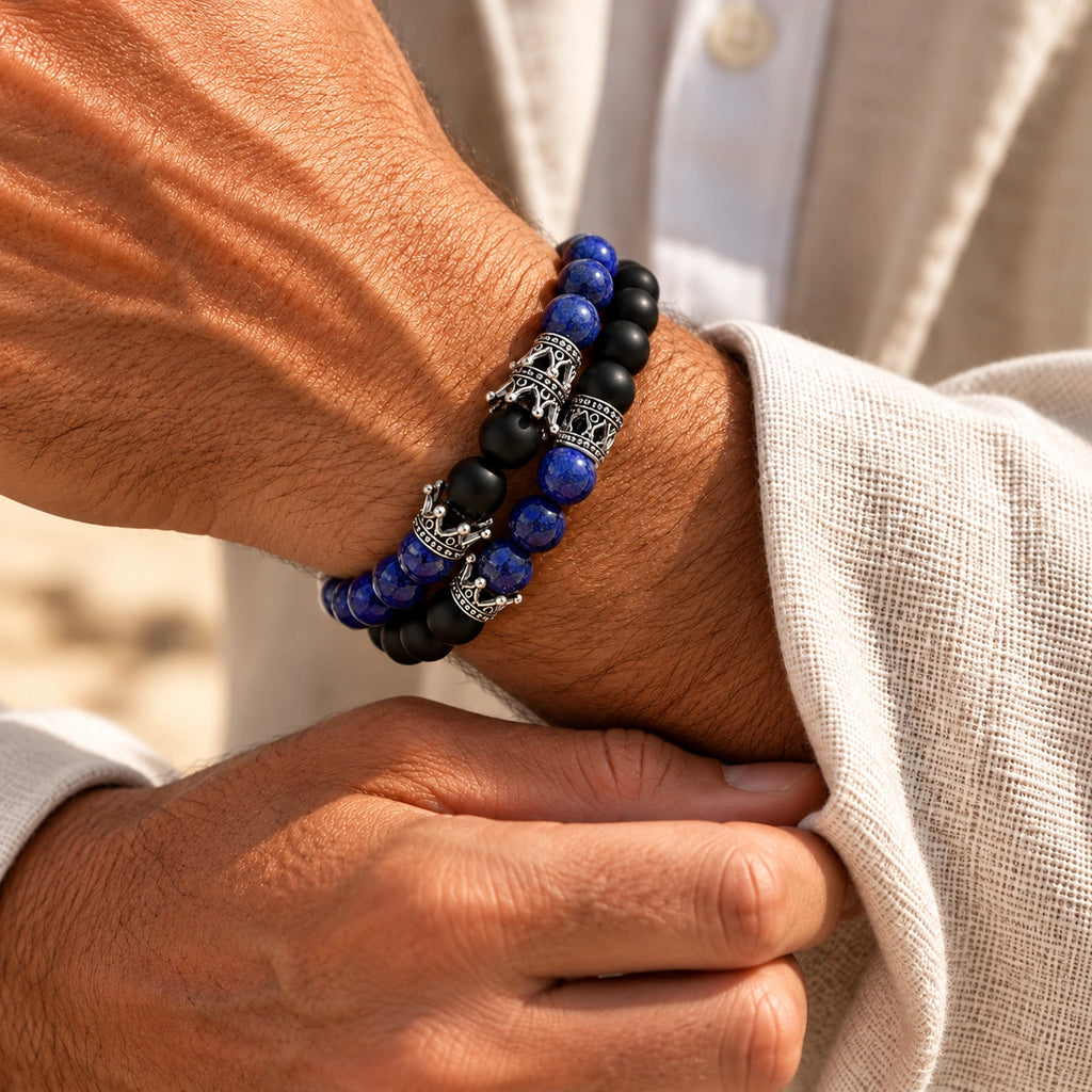 Onyx Armbänder Set mit blauem Lapislazuli und silberfarbenen Elementen