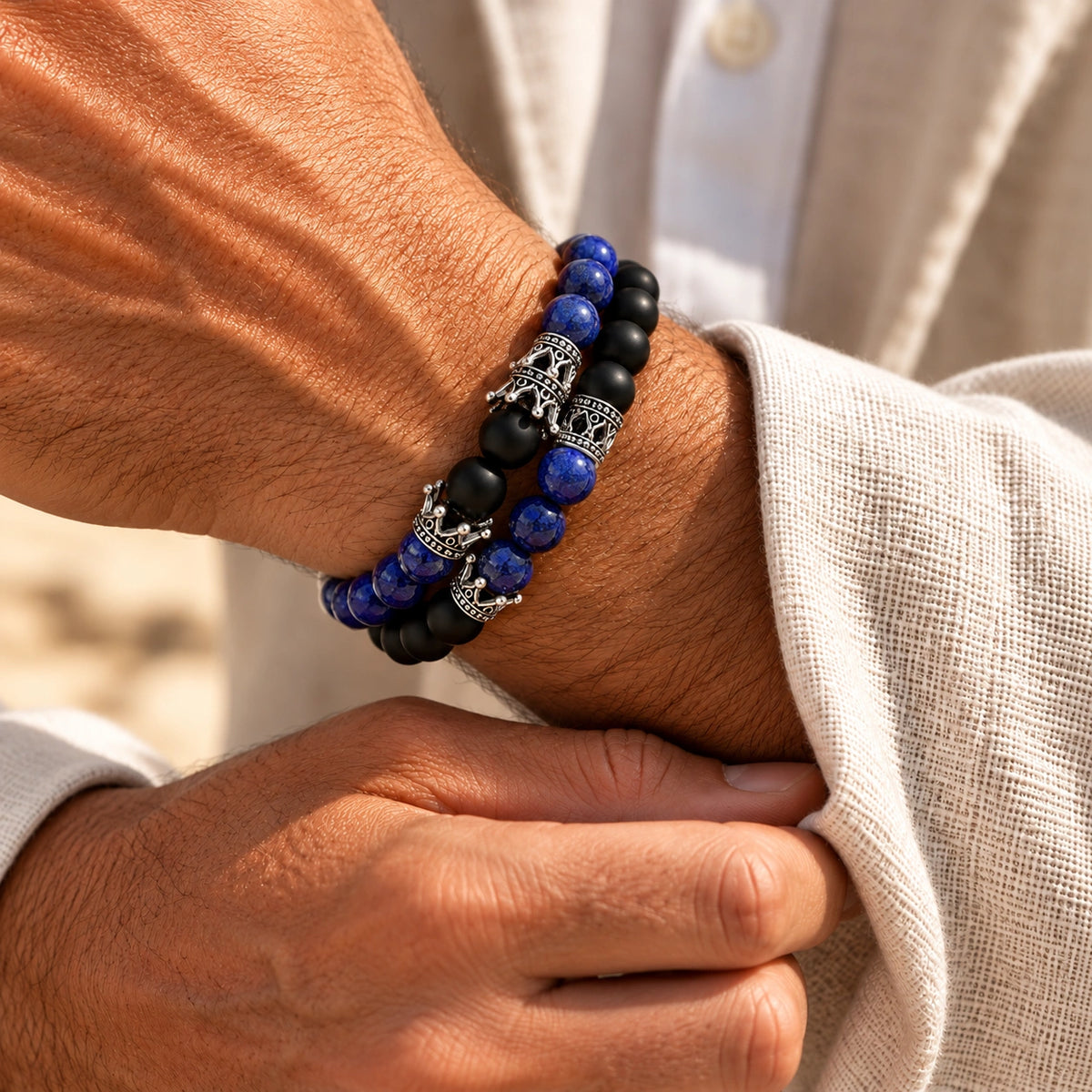 Onyx Armbänder Set mit blauem Lapislazuli und silberfarbenen Elementen