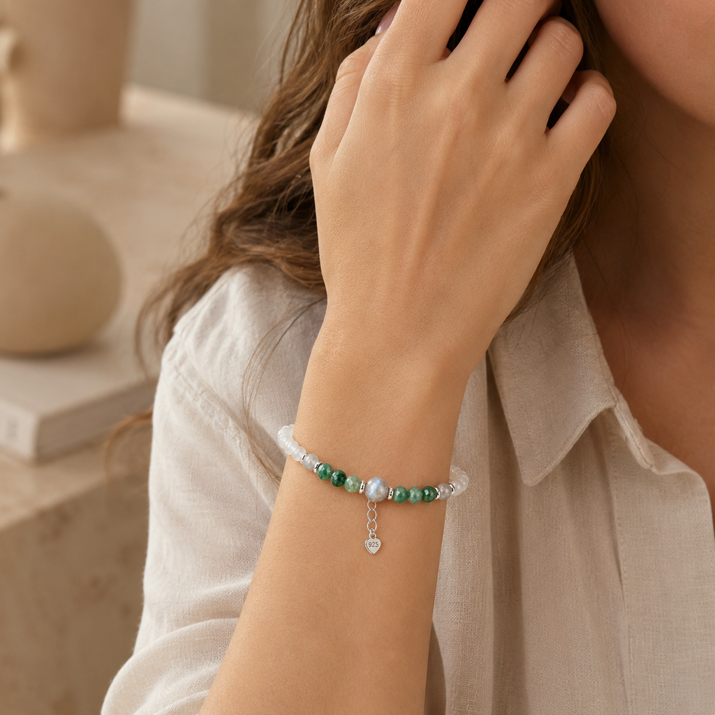 Mondstein Armband mit grünem und weißem Achat