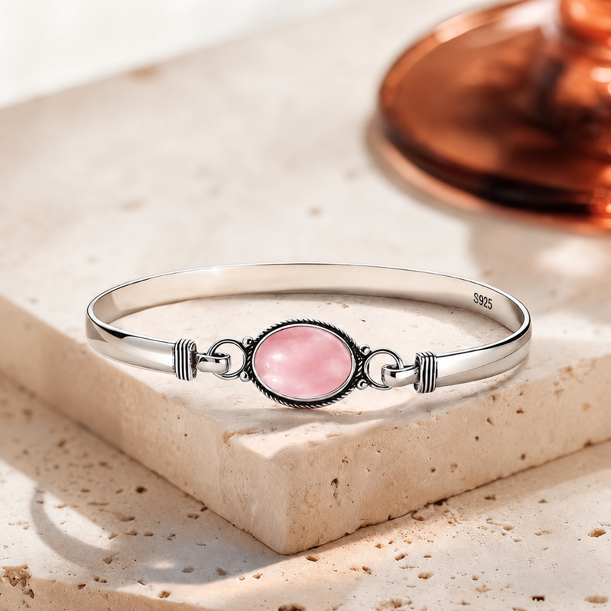 Rosenquarz Armband aus 925er Silber mit ovalem Cabochon