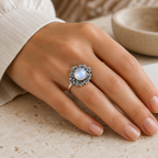 925er Mondstein Ring mit Blüten und Spiralen