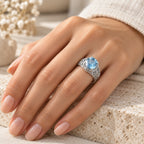 Aquamarin Ring Jugendstil aus 925er Silber mit rundem Stein und floralen Ornamenten