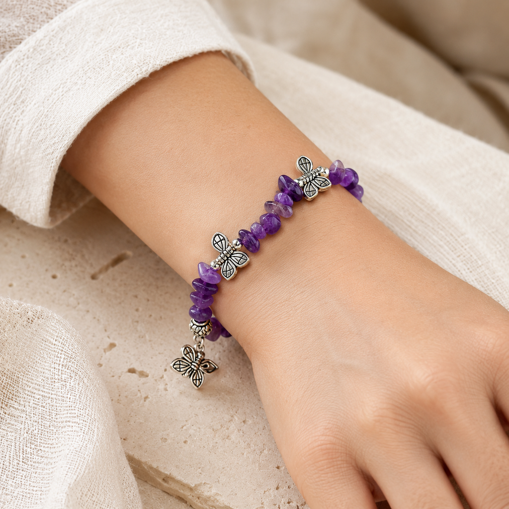 Amethyst Splitterarmband mit Libellen und Schmetterling