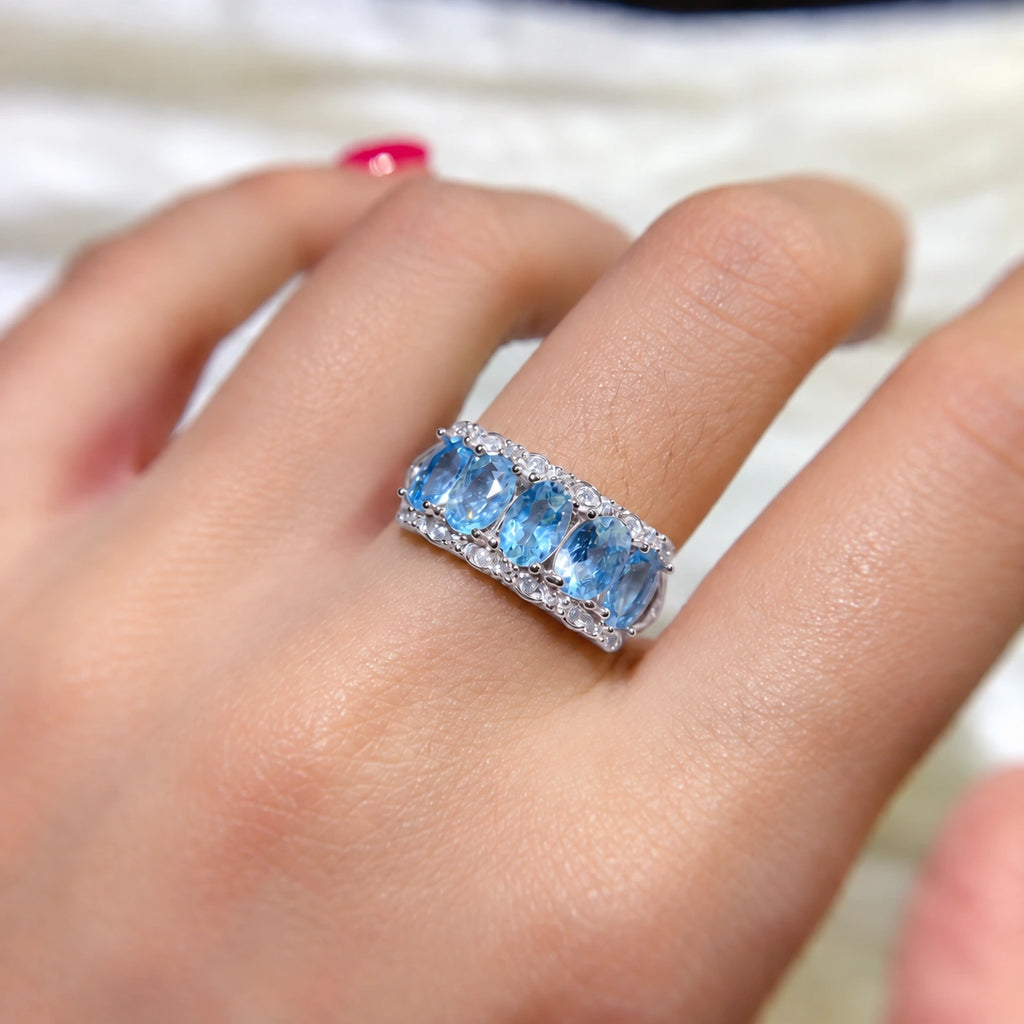 Aquamarin Silber Ring aus 925er Silber mit fünf ovalen Steinen und Kristallbesatz