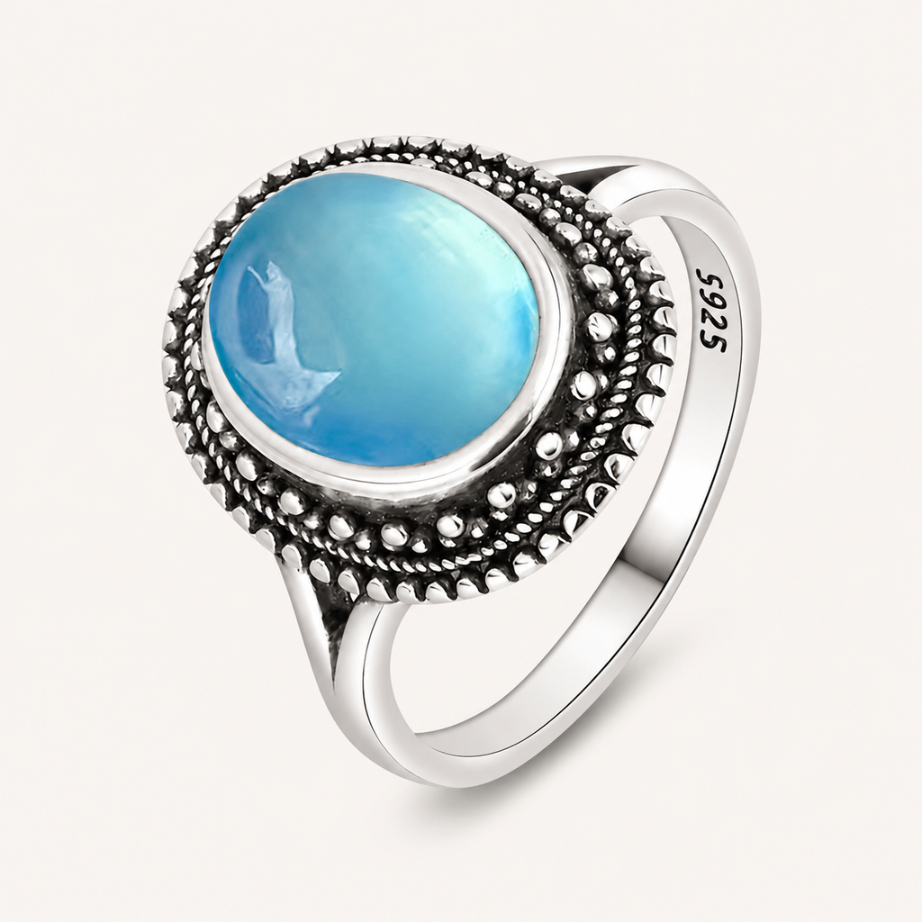 Aquamarin Ring aus 925er Silber mit Perlkranz