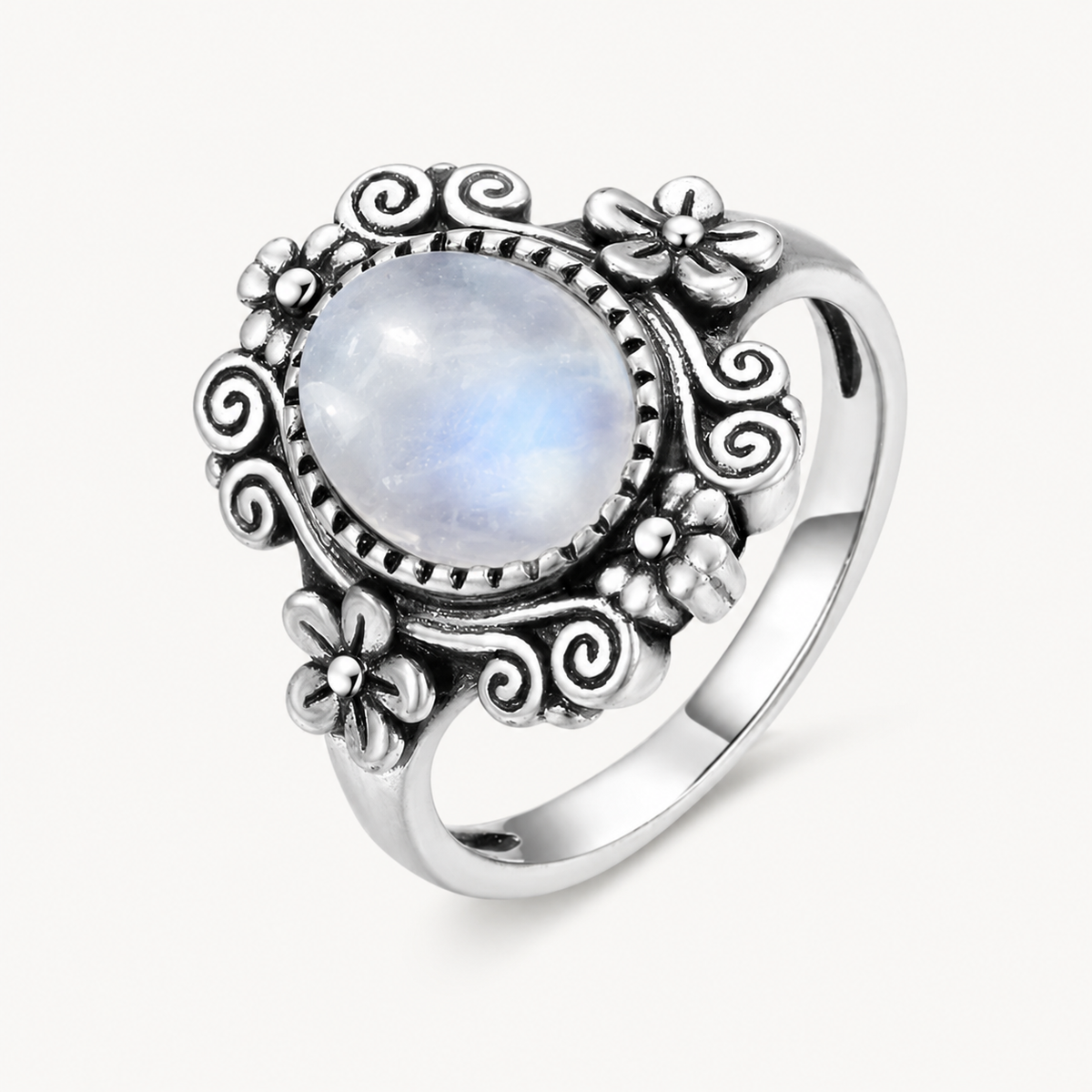 925er Mondstein Ring mit Blüten und Spiralen