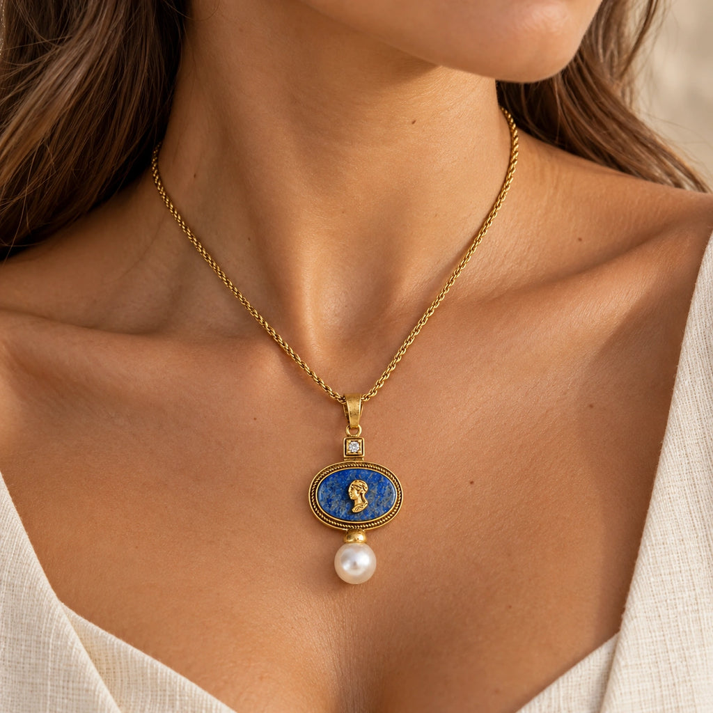 Lapislazuli Kette im Vintage-Stil mit ovalem Medaillon und Perle