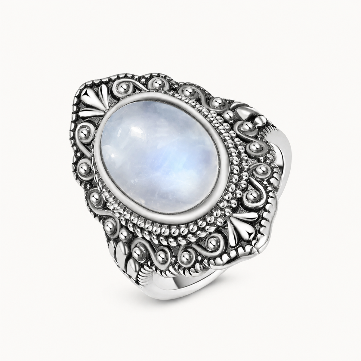 925er Mondstein Ring mit Spiralornamenten