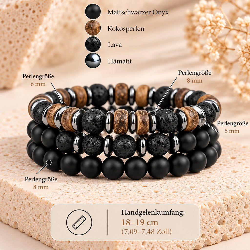 Onyx Armbänder Set mit Lavastein und braunen Holzperlen