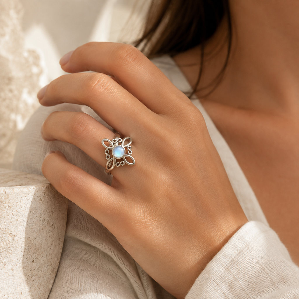 Filigraner Mondstein Ring mit Blättermotiv