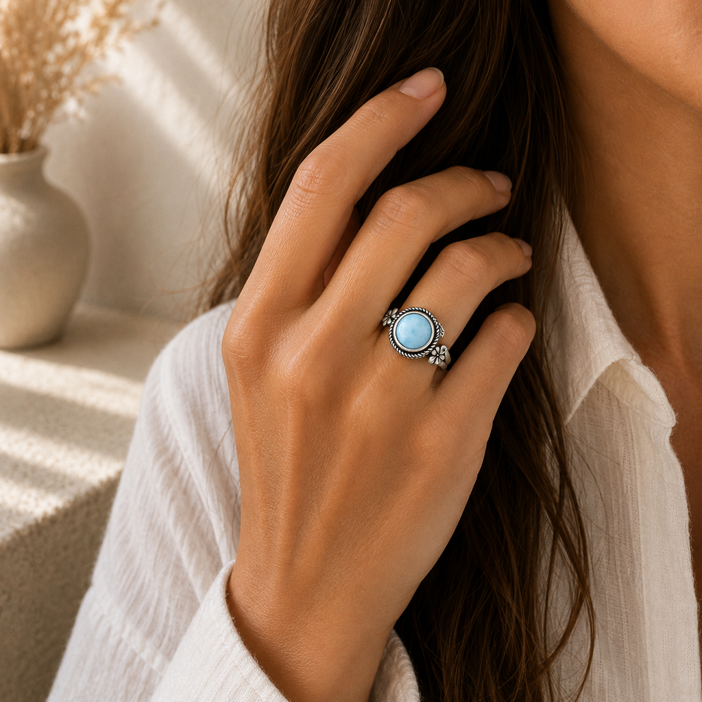 Aquamarin Ring aus 925er Silber mit Blättern und Blüten