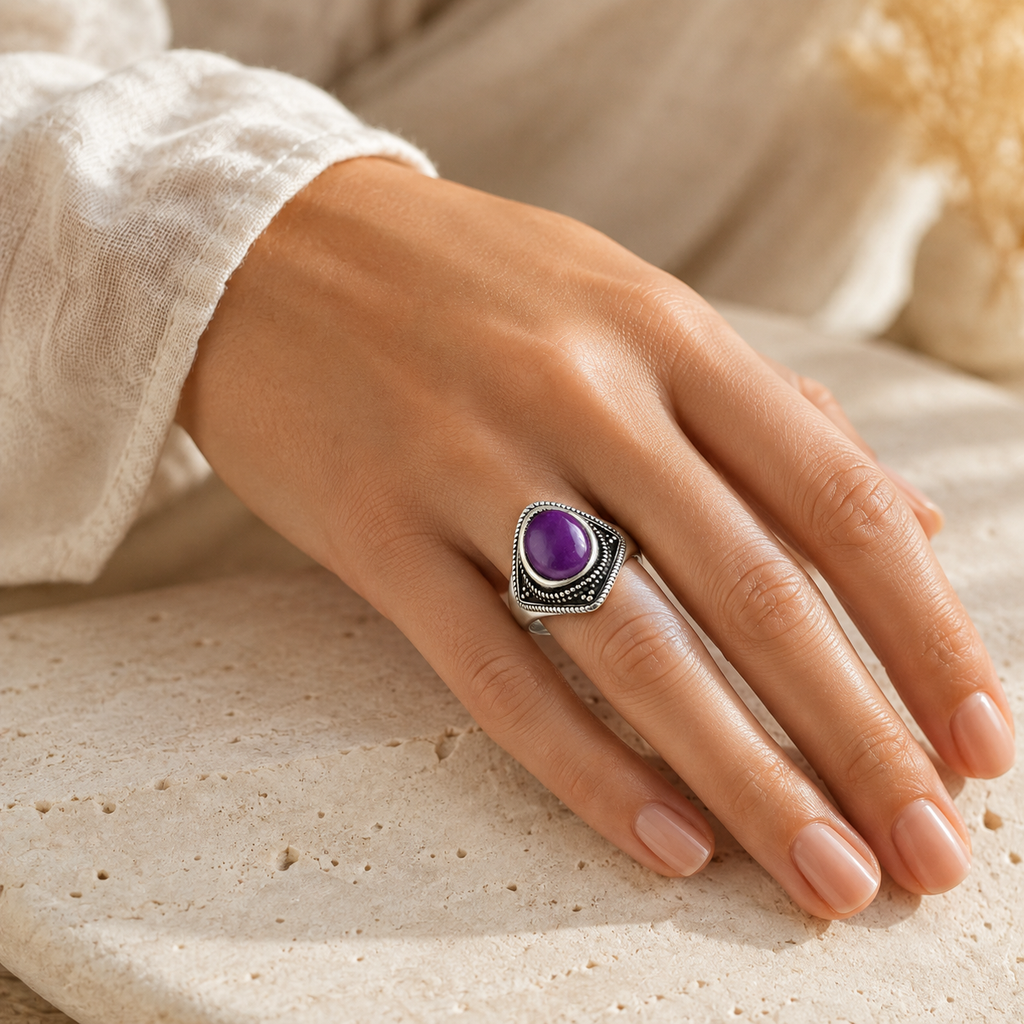 Amethyst Ring aus 925er Silber mit rautenförmigem Rahmen