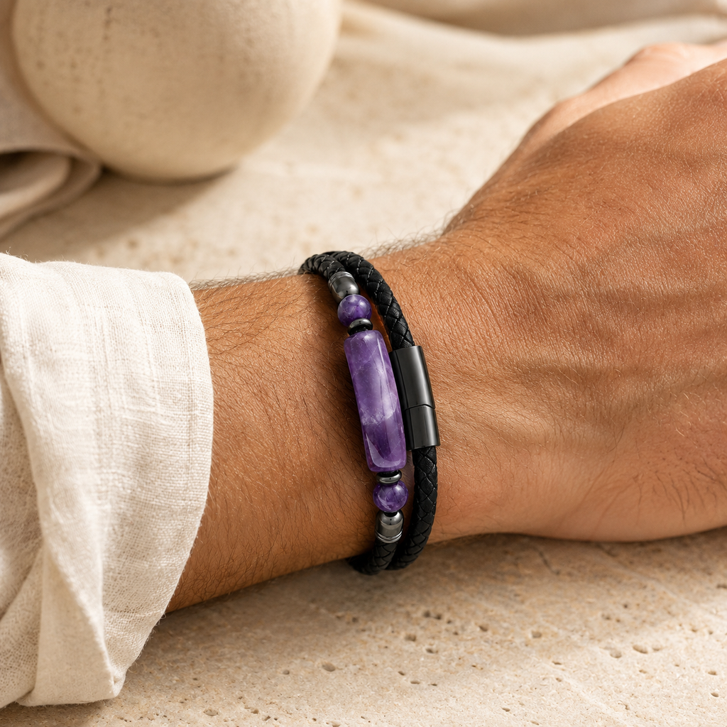 Breites Amethyst Lederarmband mit Steinen