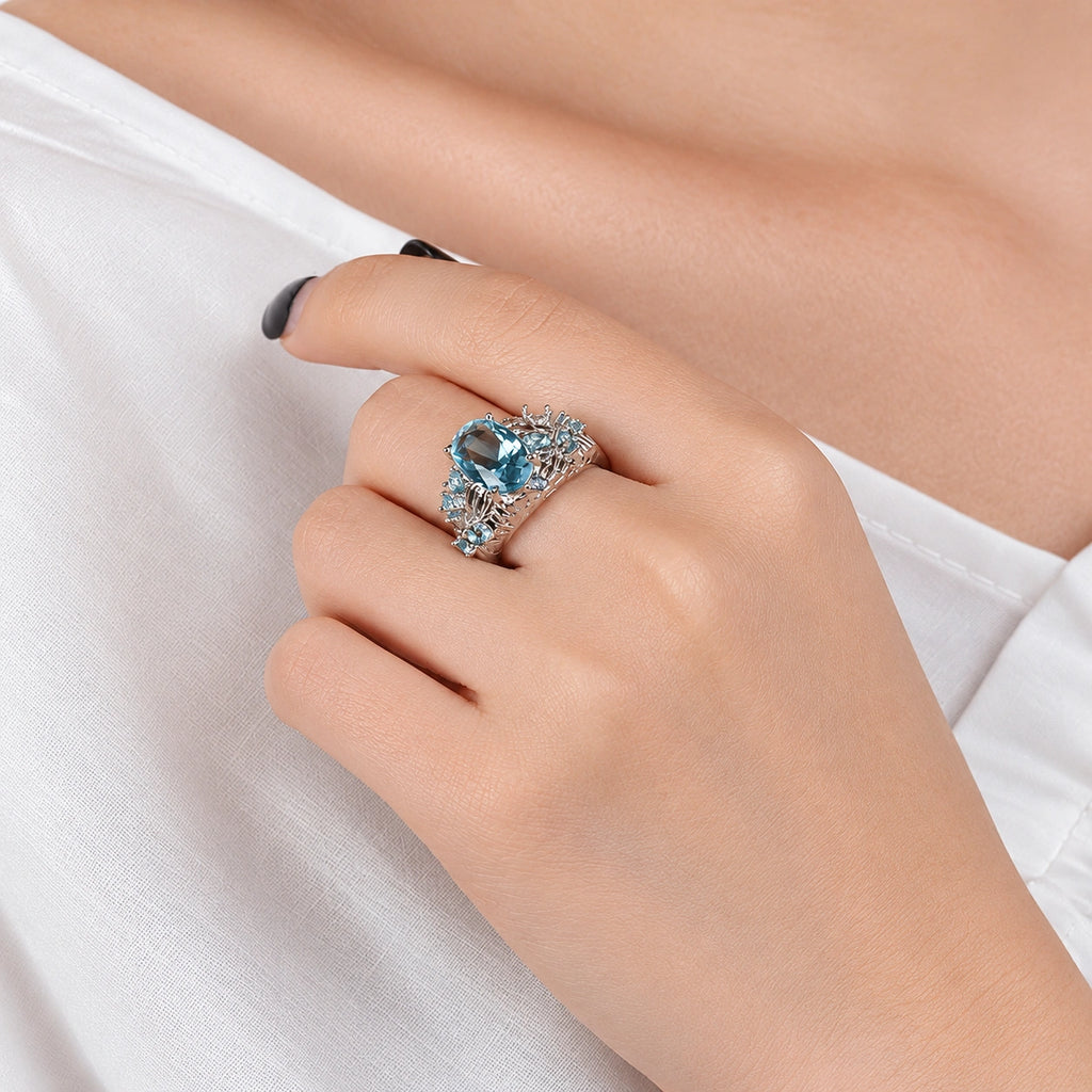 Breiter Ring mit Aquamarin Stein aus 925er Silber mit großem ovalem Mittelstein