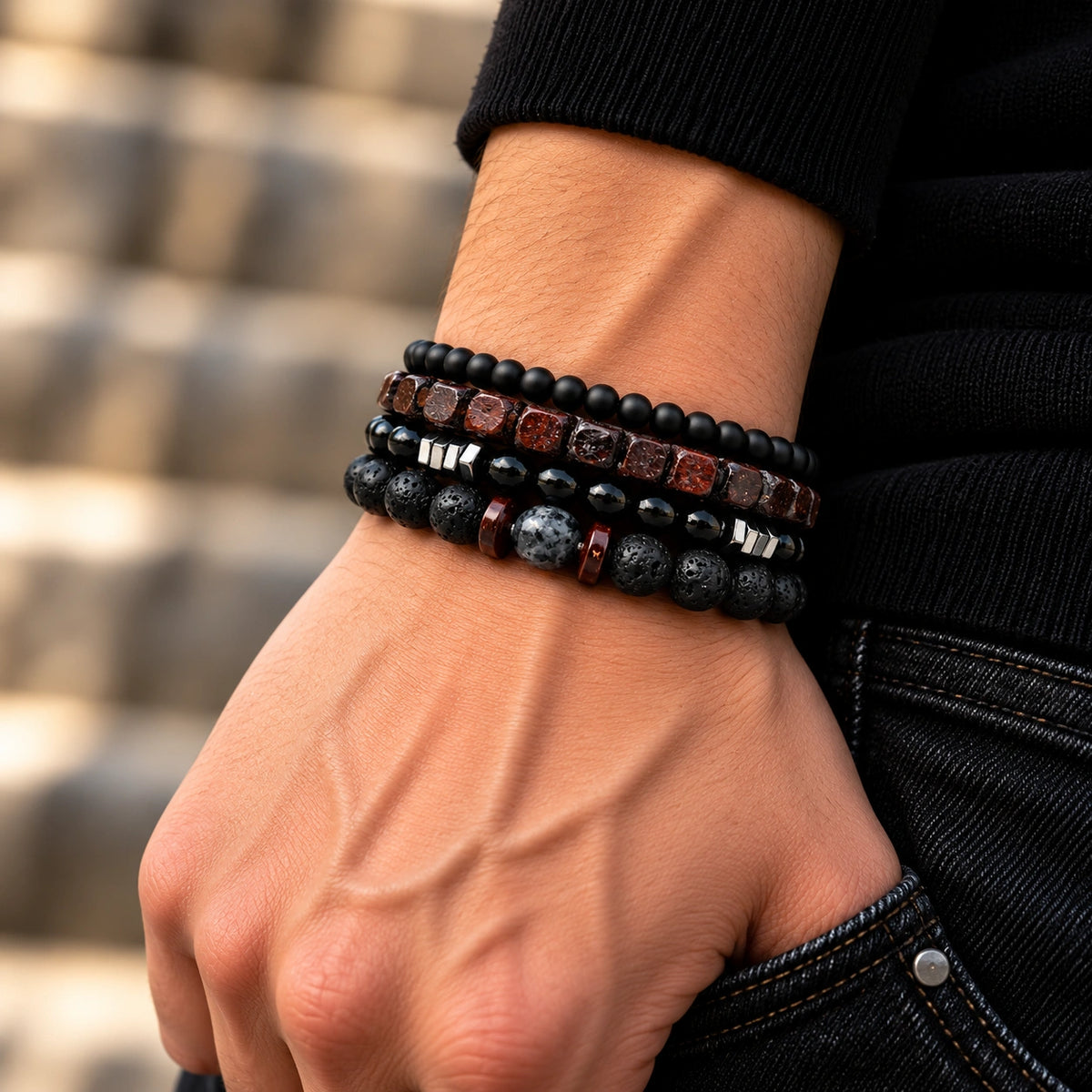 Onyx Armbänder Set mit Lavastein und roten Holzperlen