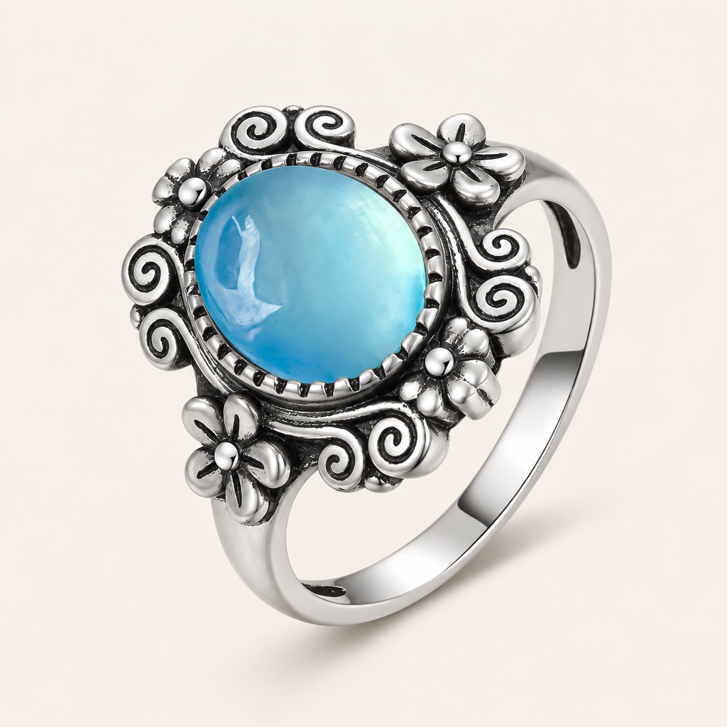 Aquamarin Ring aus 925er Silber mit Blüten und Spiralen
