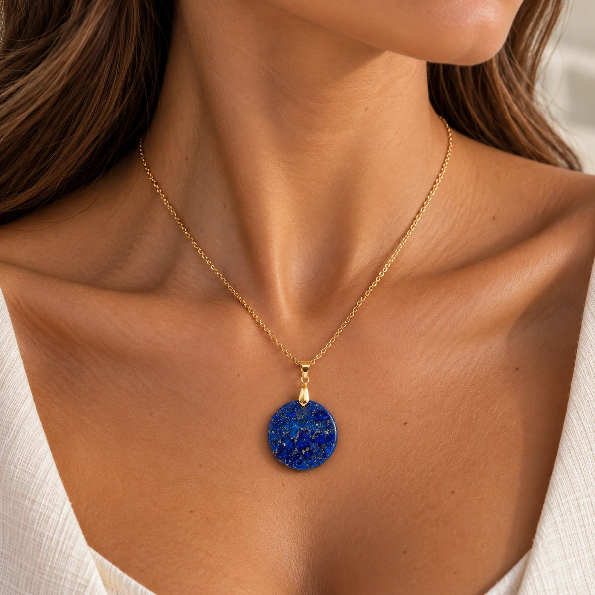 Lapislazuli Anhänger Gold mit rundem Edelstein an Gliederkette