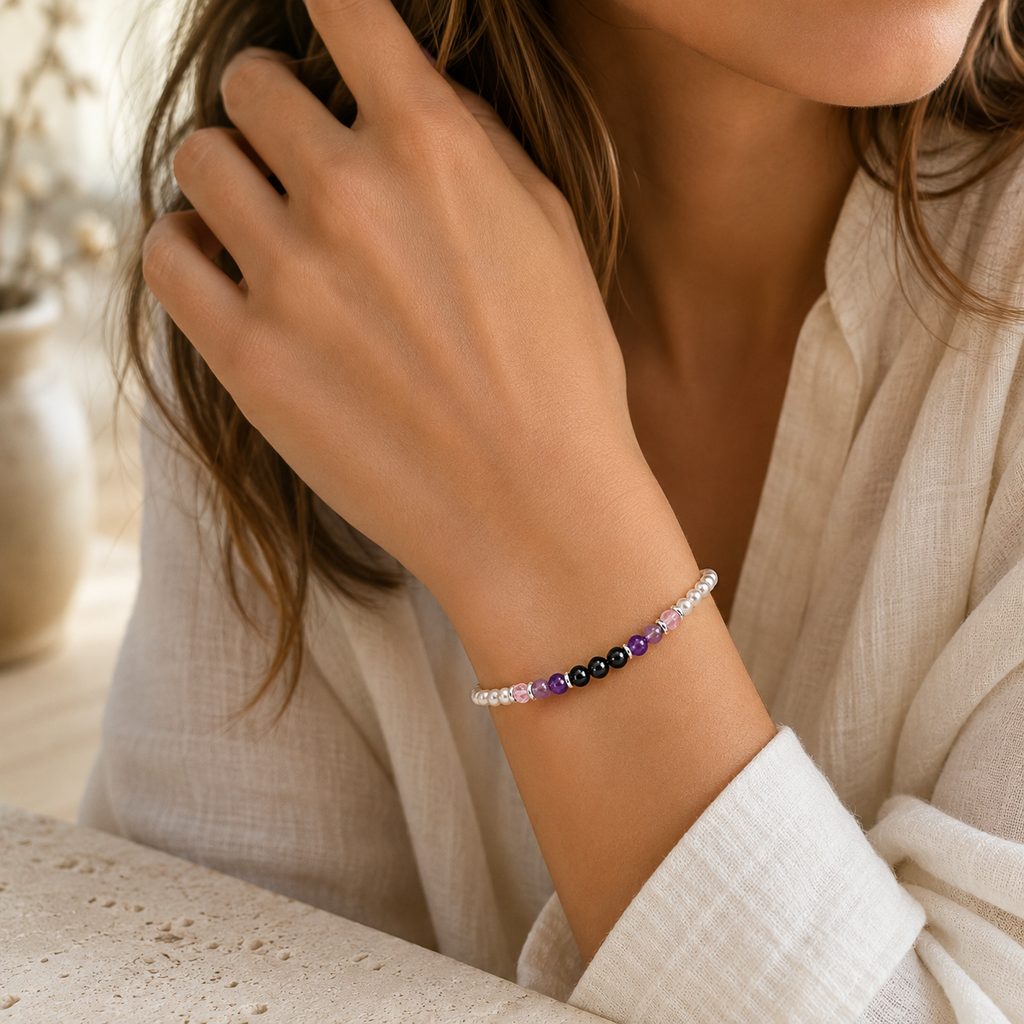 Amethyst Armband mit schwarzem Achat und Muschelperlen