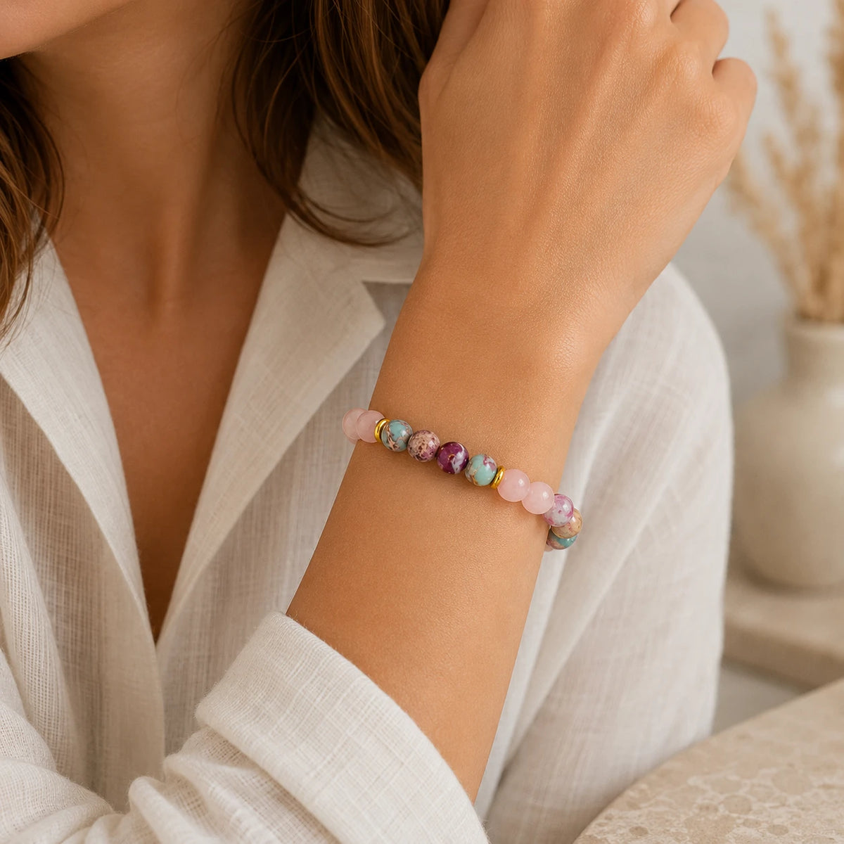 Rosenquarz Armband mit bunten Akzentperlen