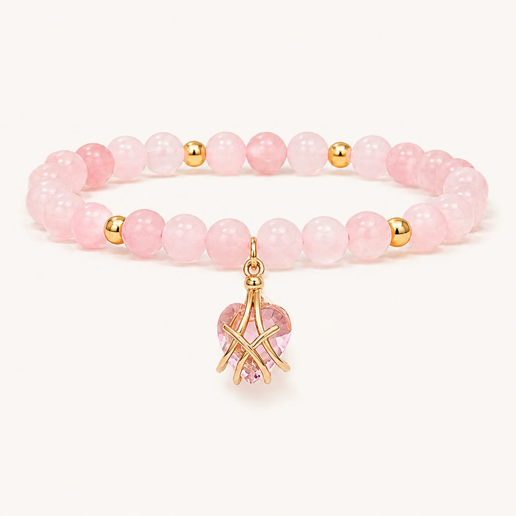 Doppelreihiges Rosenquarz-Armband mit Herzanhänger
