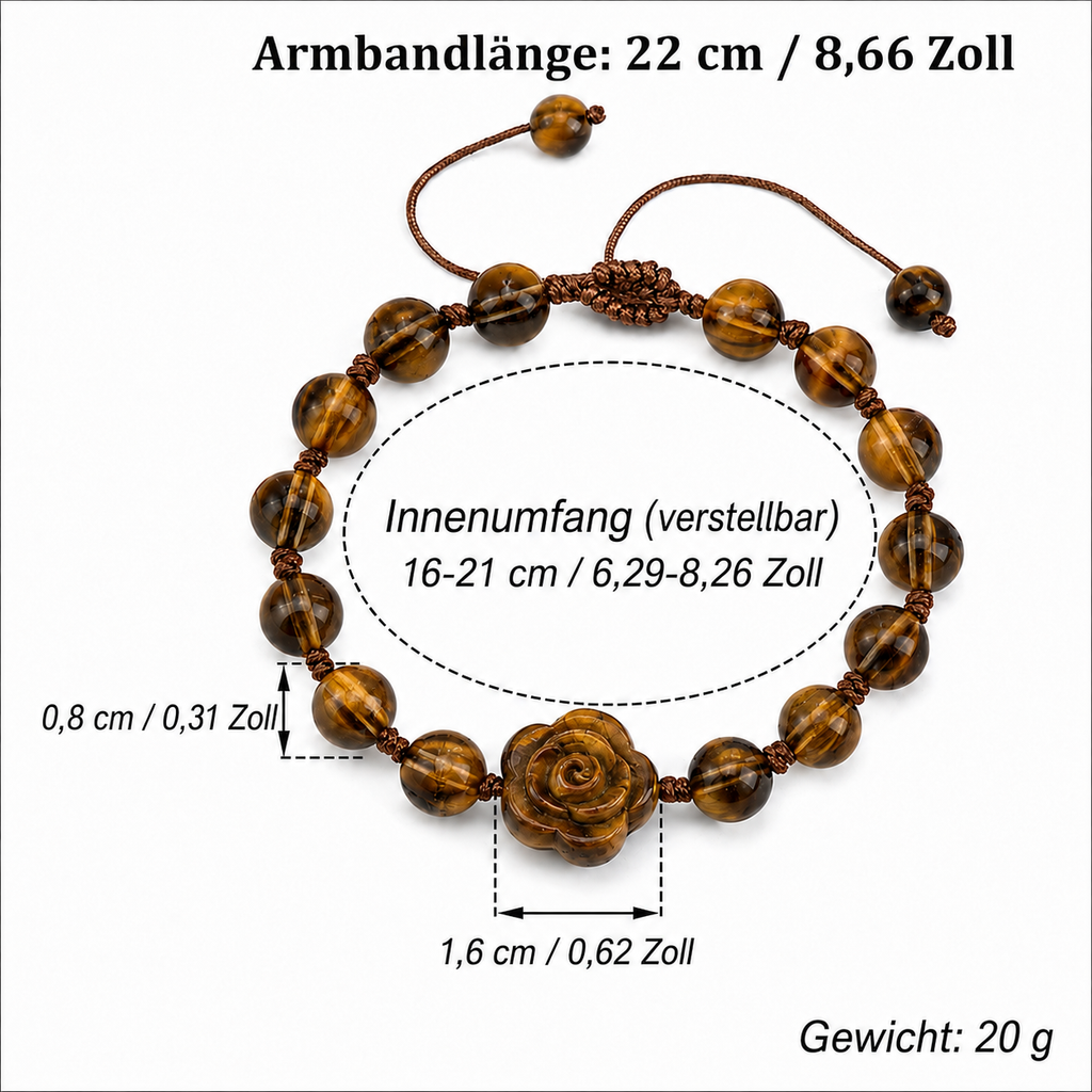 Verstellbares Tigerauge Armband mit Rosenblüte