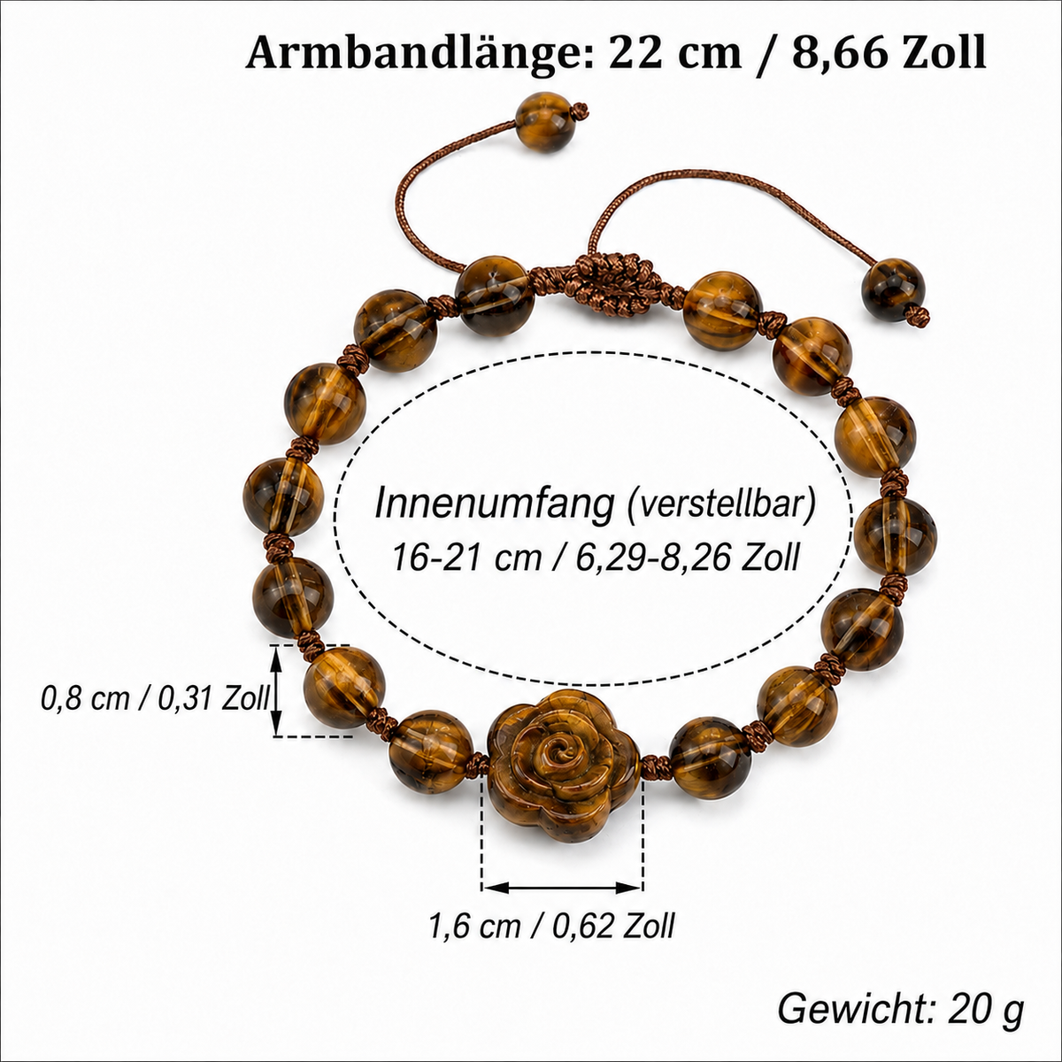 Verstellbares Tigerauge Armband mit Rosenblüte
