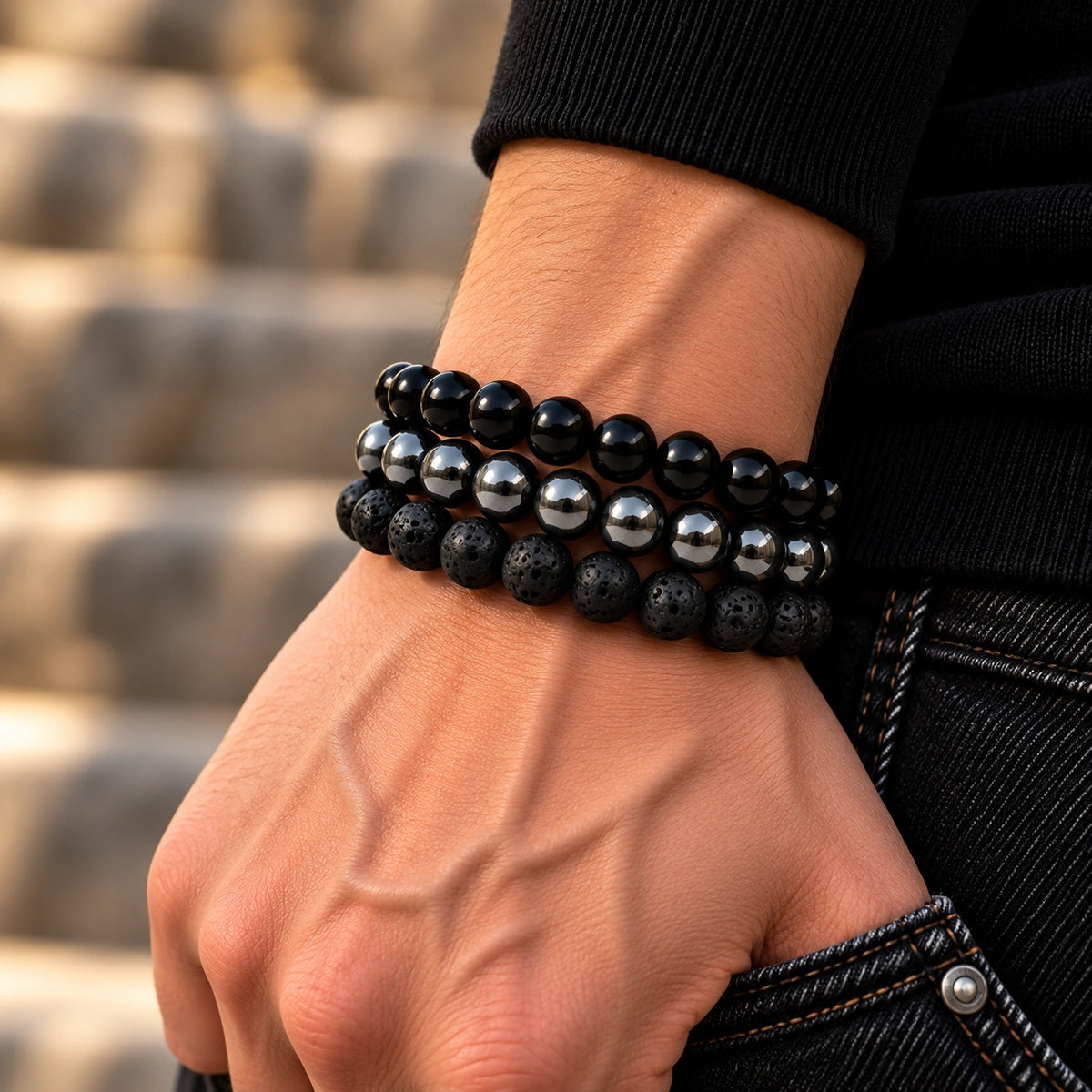 Onyx Armbänder Set mit Hämatit und schwarzen Lavasteinperlen