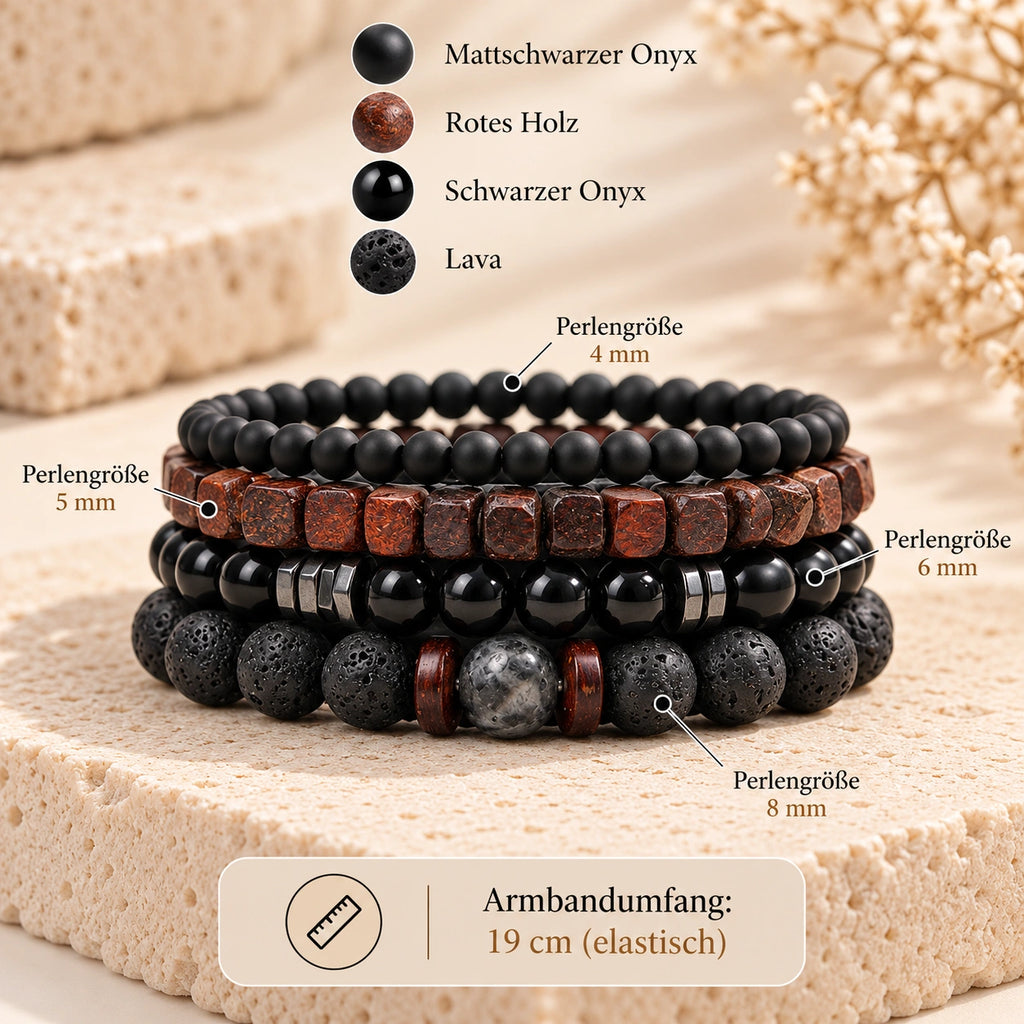 Onyx Armbänder Set mit Lavastein und roten Holzperlen