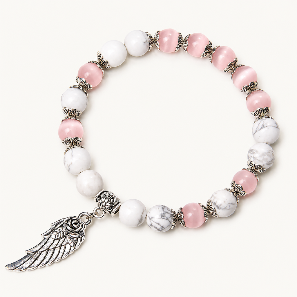 Rosenquarz Howlit Armband mit Flügel