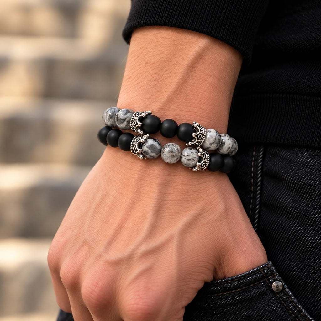 Onyx Armbänder Set mit grauem Map Stone und silberfarbenen Zierelementen