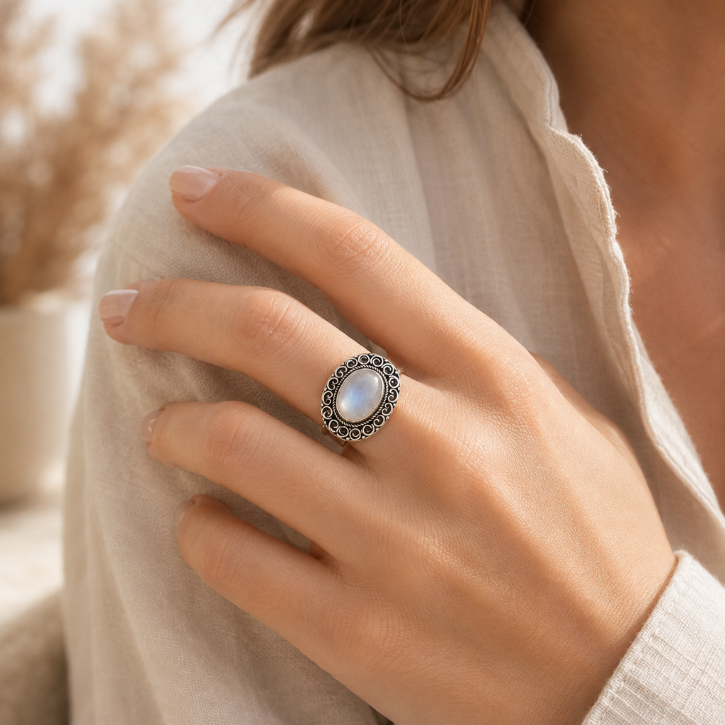 Ovaler Mondstein Ring aus 925er Silber mit Spiralrahmen