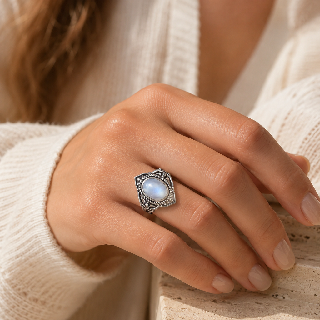 Mondstein Ring mit Flechtrahmen