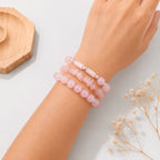 Dreiteiliges Rosenquarz Armband Set mit Röhrenperlen
