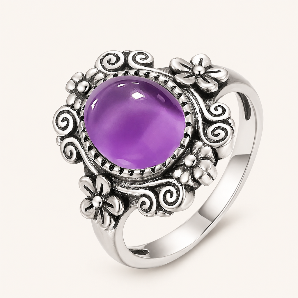 Floraler Amethyst Ring aus 925er Silber mit Spiralornamenten
