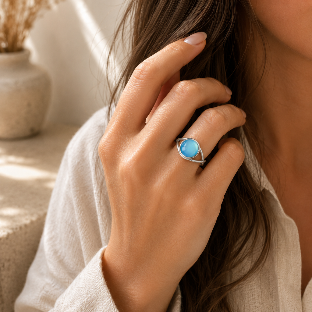 Minimalistischer Aquamarin Ring aus 925er Silber mit Kreuzschiene