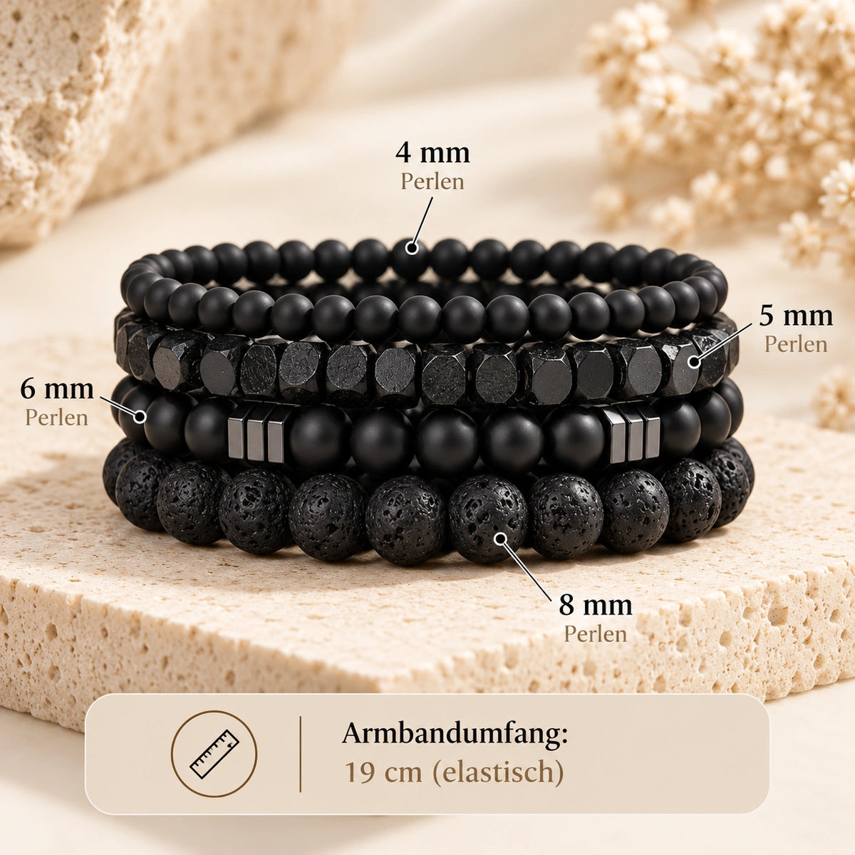 Onyx Armbänder Set mit Lavastein und Metallakzenten