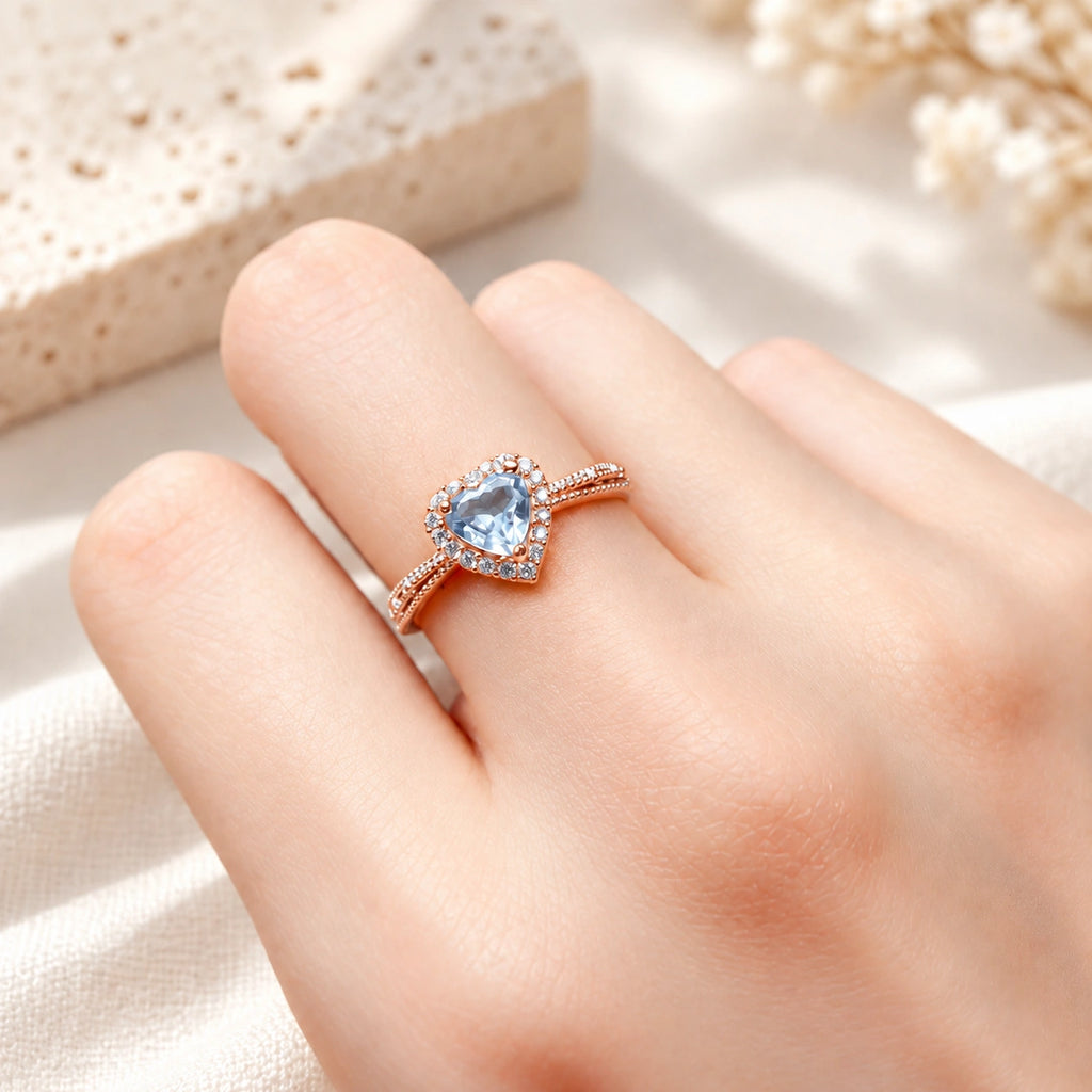 Roségoldfarbener Ring Aquamarin aus 925er Silber mit Herzstein